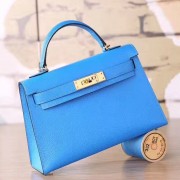 AAA Hermes Blue Hydra Chevre Kelly Mini II 20cm Handmade Bag HJ01041