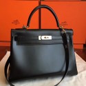 Faux Perfect Hermes Black Box Kelly Retourne 32cm Handmade Bag HJ01066