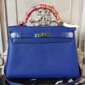 Hermes Blue Electric Clemence Kelly 32cm Retourne Bag Replica HJ00402
