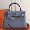 High End Replica Hermes Blue Lin Clemence Kelly 25cm GHW Bag HJ00935