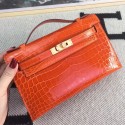 New Hermes Orange Kelly Pochette Shiny Niloticus Crocodile Bag HJ01059