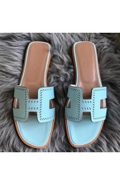 Imitation Best Quality Cheap Hermes Oran Perforated Sandals In Blue Atoll Epsom Leather HJ01276
