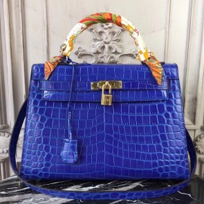 AAA Hermes Kelly 32cm Bag In Blue Electric Crocodile Leather HJ00306