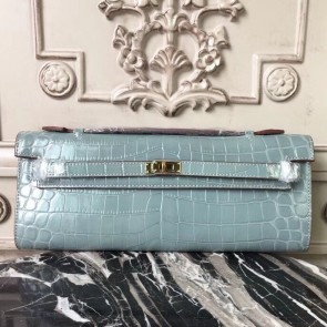 Hermes Blue Lin Crocodile Kelly Cut Clutch Bag HJ00022