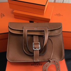 Hermes Halzan Bag In Brown Clemence Leather Replica HJ00965