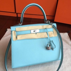 Luxury Fake 1:1 Hermes Blue Atoll Epsom Kelly Sellier 28cm Handmade Bag HJ00251
