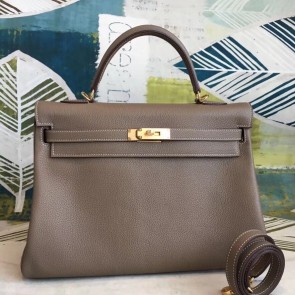 Replica Designer Fake Hermes Taupe Clemence Kelly 35cm Handmade Bag HJ01226