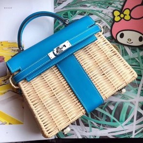 Replica Fashion Hermes Blue Picnic Kelly Mini 20cm Wicker Bag HJ00472