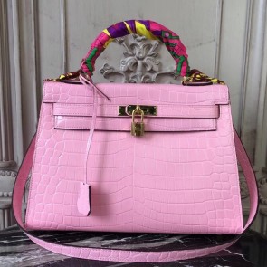 Replica Hermes Kelly 32cm Bag In Pink Crocodile Leather HJ00521
