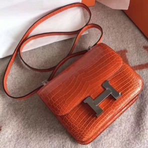 Replica Hot Hermes Constance 24cm Orange Porosus Crocodile HJ00352