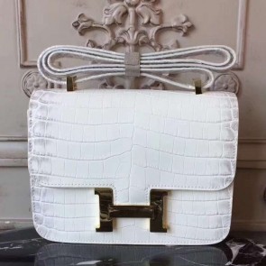 Replica Imitation Hermes White Constance MM 24cm Crocodile Bag HJ01292