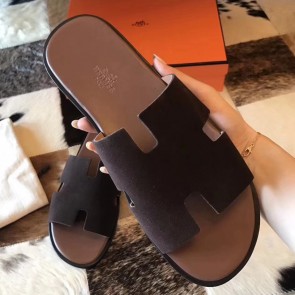 Replica Luxury Copy Hermes Izmir Sandals In Chocolate Suede Leather HJ00535