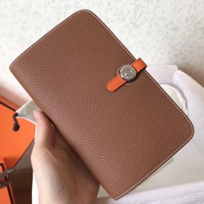 Replica Top Faux Hermes Bicolor Dogon Duo Wallet In Brown/Orange Leather HJ00969